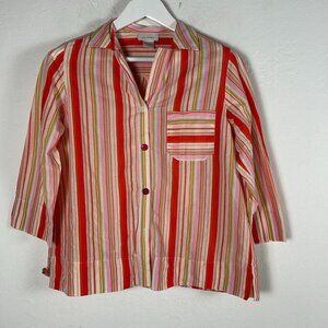 Natori Womens Striped Button-Down Shirt Top Small Red/Pink 3/4 Sleeve Pocket